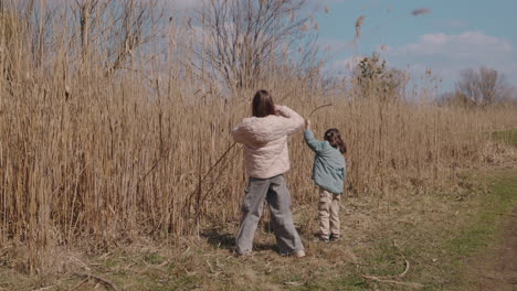 sisters exploring a reed field