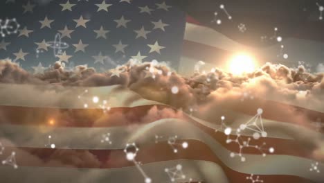 Animation-of-white-networks-floating-over-american-flag-and-cloudy-sky-at-sunset