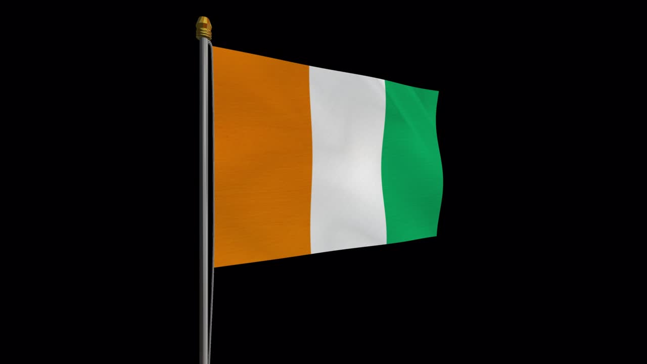 vídeo en bucle de la bandera de costa de marfil revoloteando en el viento, vídeo en cámara lenta de 4k, con canal alfa