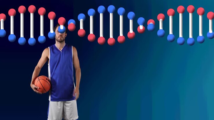 Animazione di un filamento di DNA su un giocatore di basket maschio con il pallone.