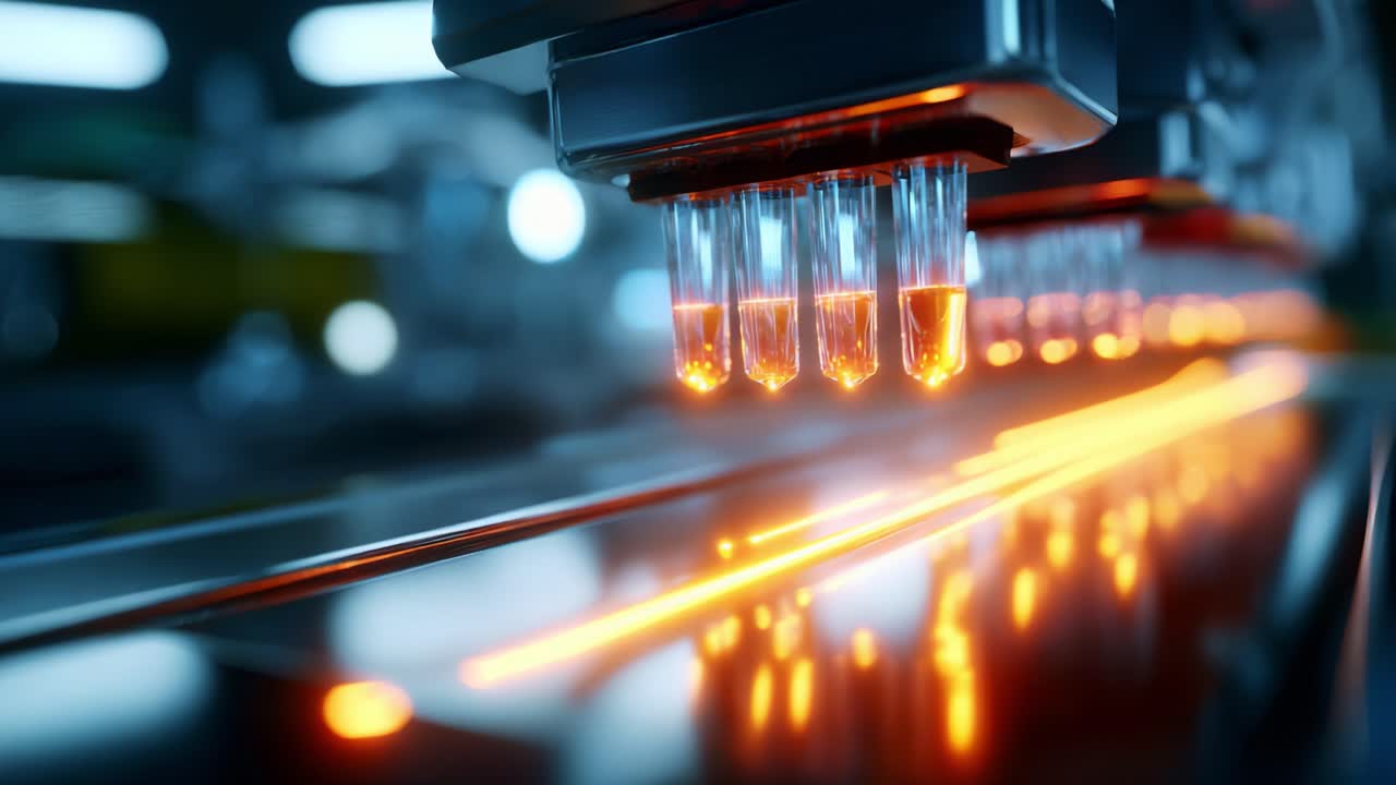 An Advanced Automated Pipetting System in Action, Showcasing Precision and Speed in a High-Tech Laboratory Environment with Fluorescent Liquid in Transparent Tubes Under Bright Lights