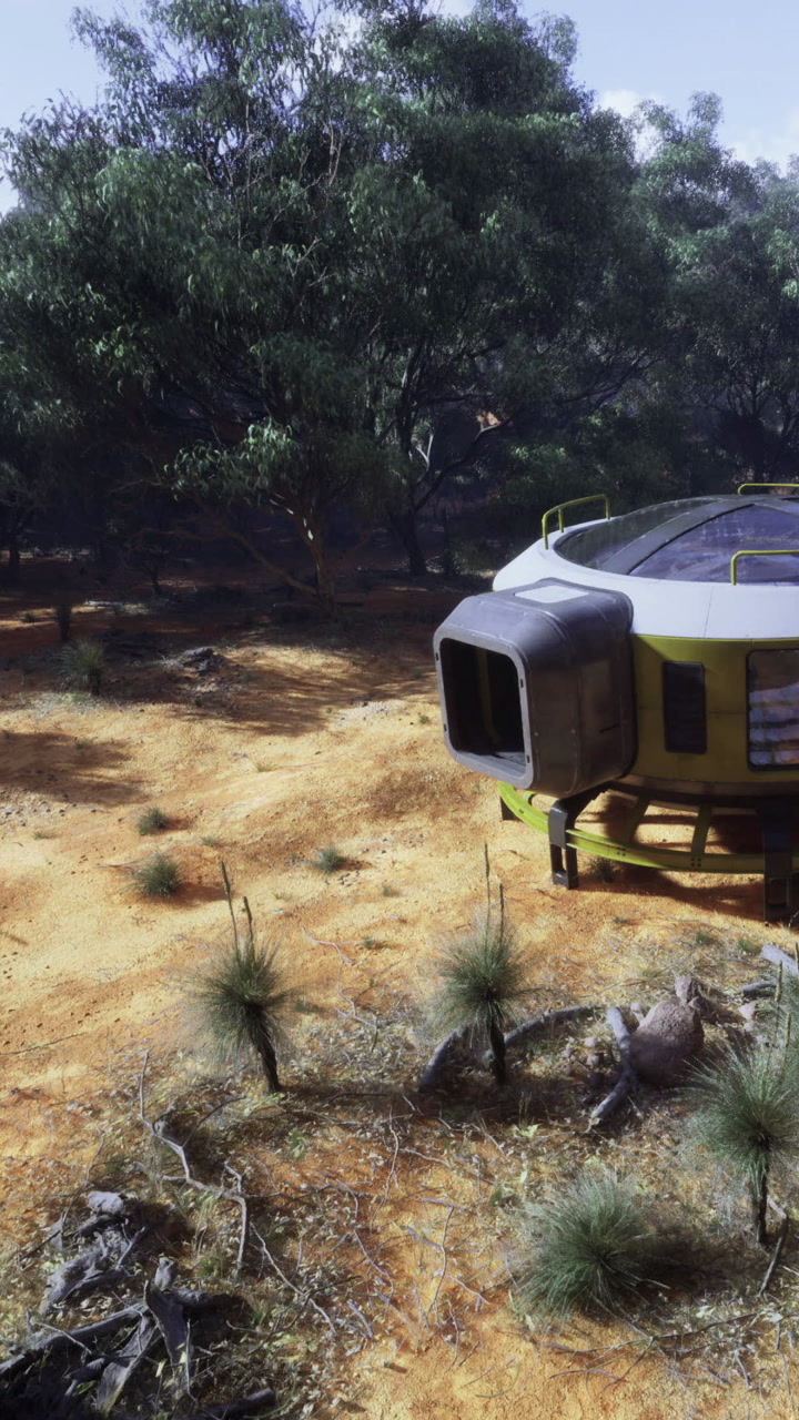 Exploration in a dry landscape with a futuristic spacecraft and trees
