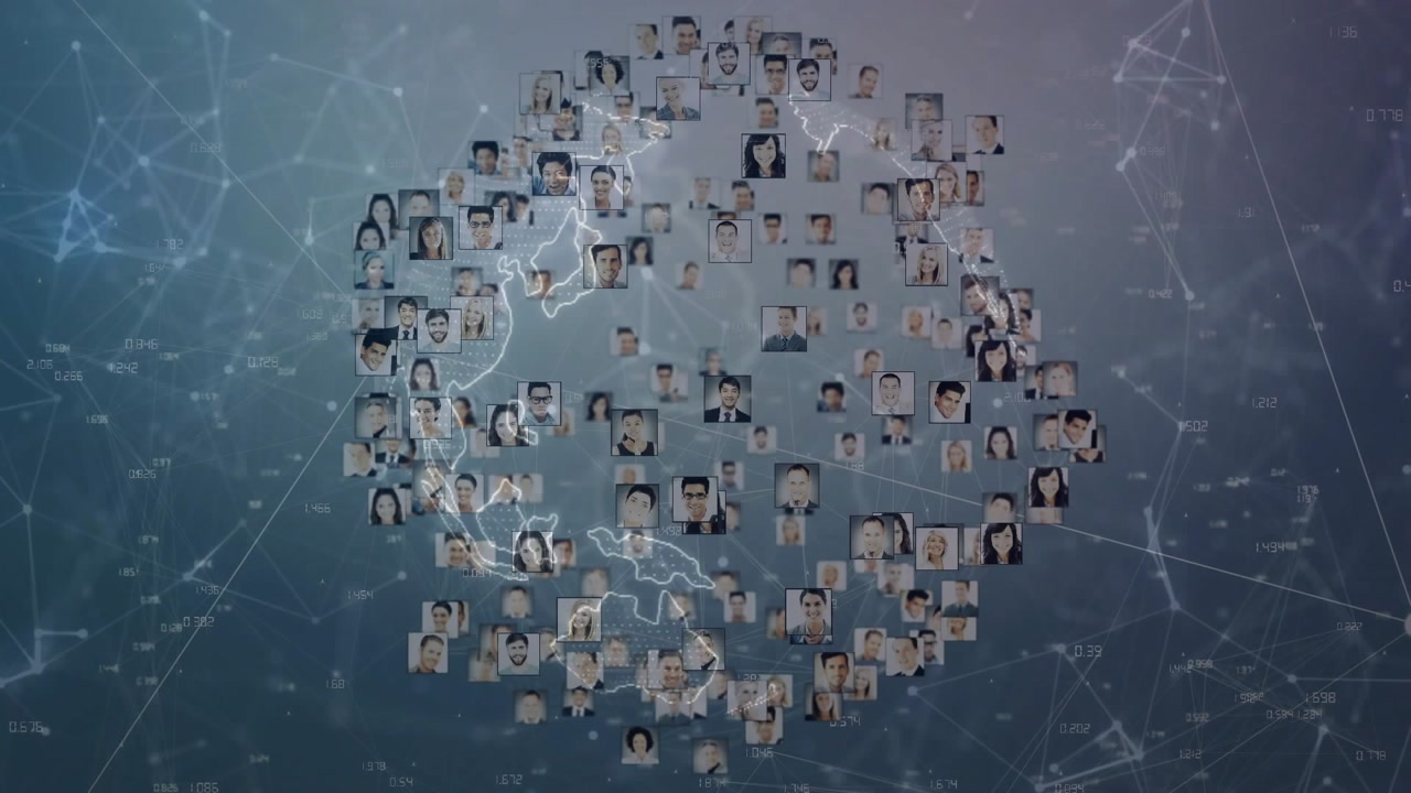 Opening cluster forming globe, tracing continents outline portraits shifting showing tech network