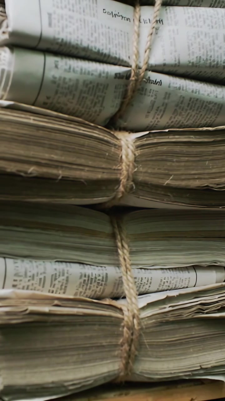 Vertical video: Cam panning over tied newspapers on shelf showing rough twine and rolls for archive