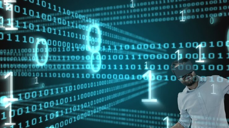 Binary coding data processing over caucasian man wearing vr headset against black background