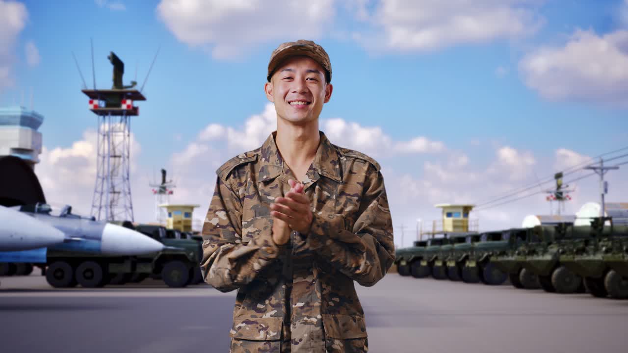 아시아 남자 군인 은 군사 캠프 에 서 있는 동안 미소 짓고 손 을 치고 있다