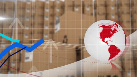 animation of financial data processing over globe and warehouse