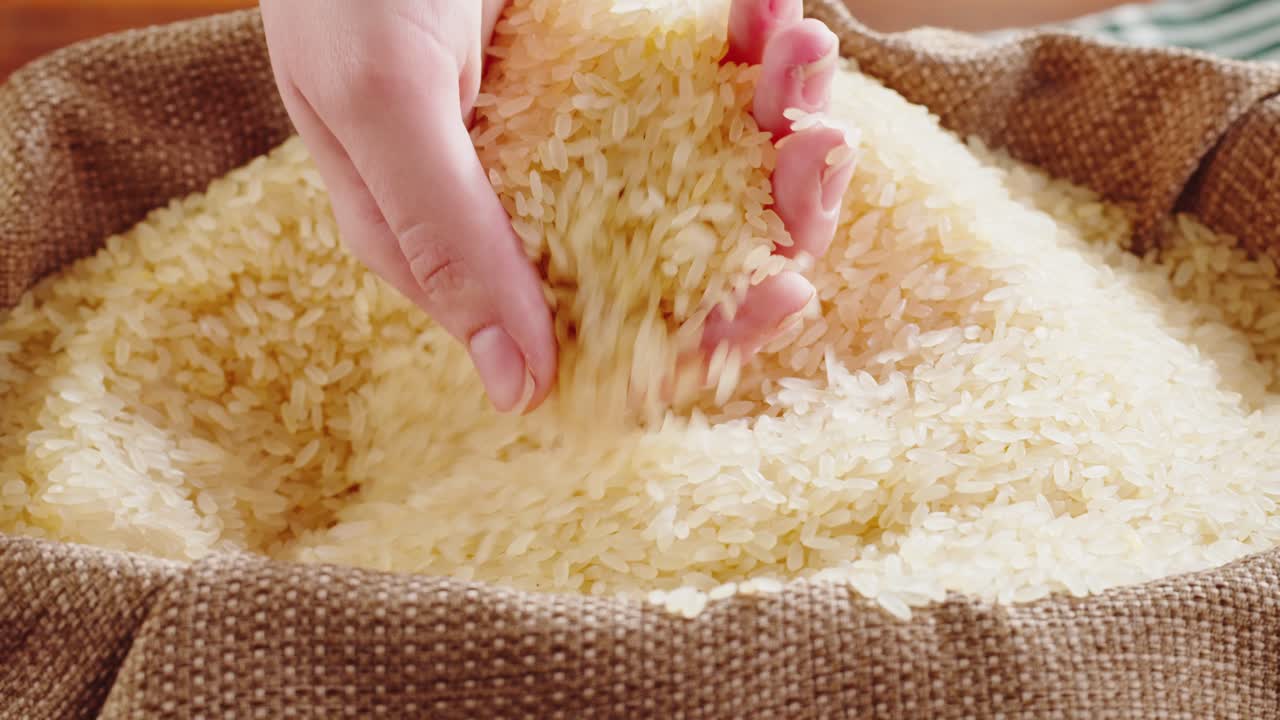 A hand scooping and pouring rice grains from a burlap sack