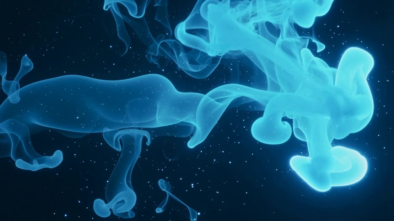 Panaches cyan diaphanes dérivants s'enroulant à travers un champ d'étoiles après l'émergence d'un renflement lumineux, projetant des gouttes.