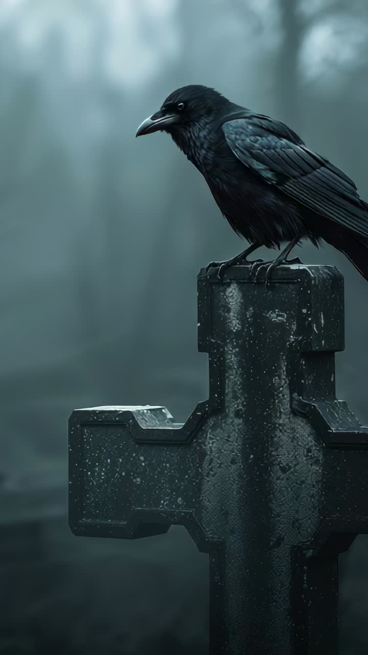 Vertical video: Sitting black raven seeing camera turning head on cemetery cross in fog, copy space