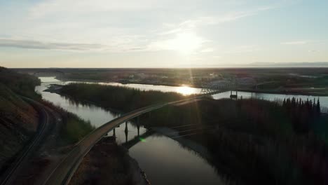 Aerial-view-over-the-top-river-and-bridge-in-Alaska