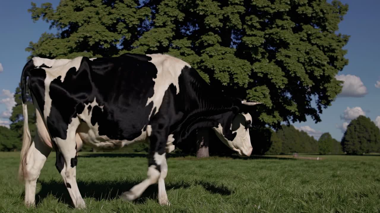 Video ripreso dal basso di una mucca che pascola in un campo verde lussureggiante sotto un cielo blu con nuvole soffici.