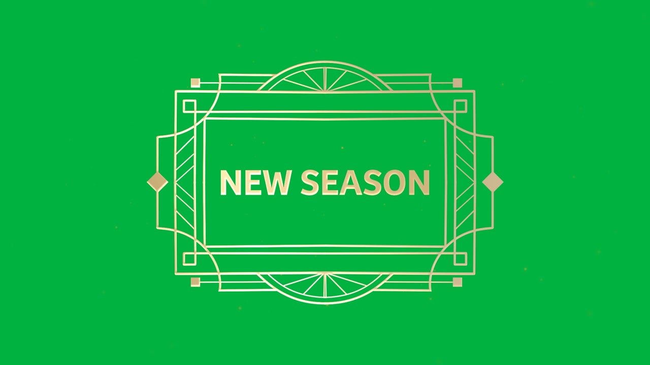 Animation of gold text new season, in decorative gold frame, on orange background