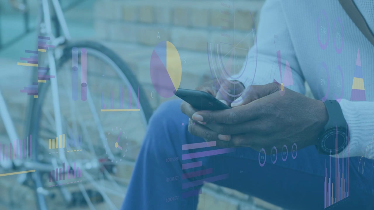 mature man sitting ledge tapping phone moving pie charts and bars over lap showing business data