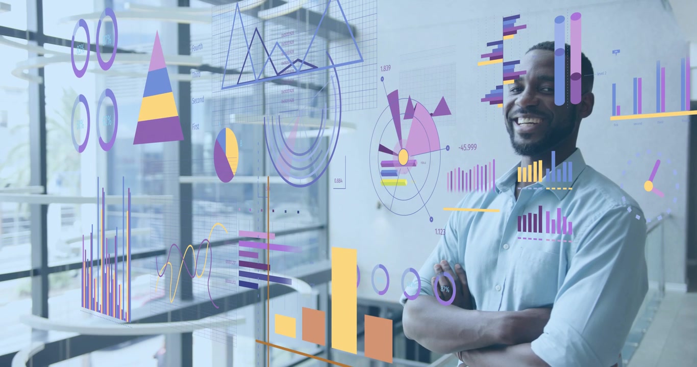 Man reacting to appearing animated finance charts on transparent glass wall and evaluating metrics