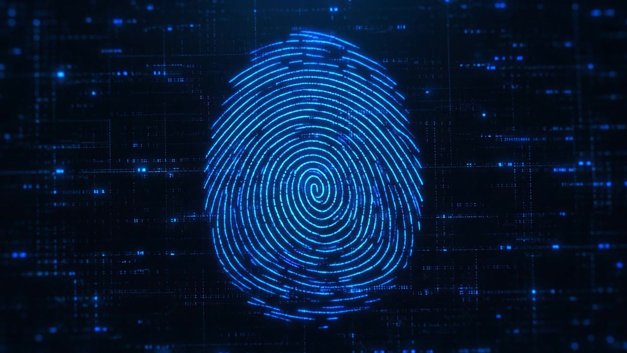 Blue Neon Digital Fingerprint animates flat onto the screen representing biometrics, identity verification and cyber security. 4k