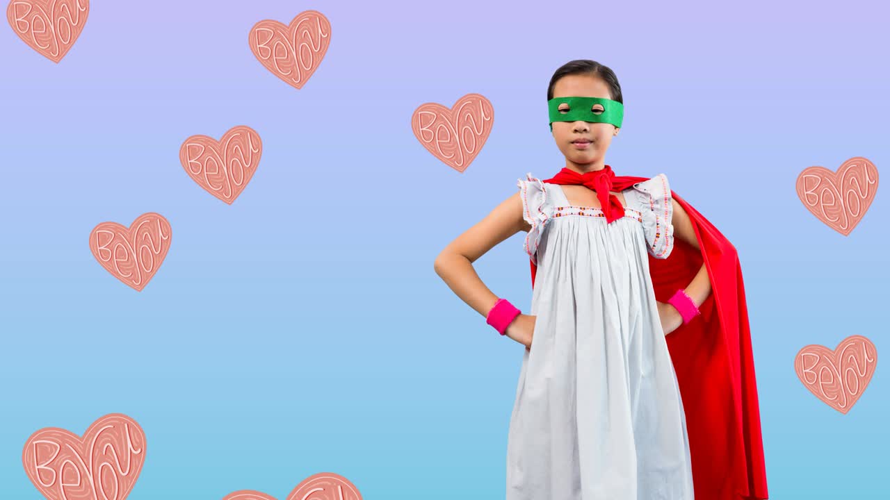 슈퍼히어로 의상을 입은 소녀의 애니메이션 여러 번 비행하는 심장에 문자를 보내십시오.