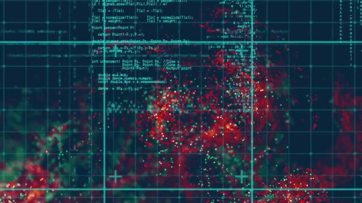Cluster appearing starting red green cloud swirling ribbon, code sliding across grid for analysis