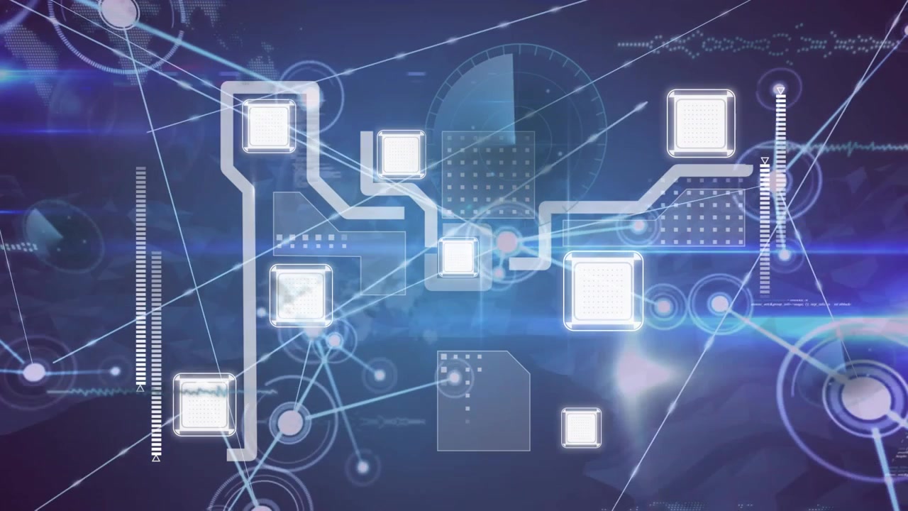 Animation of network of connections and icons over dark background