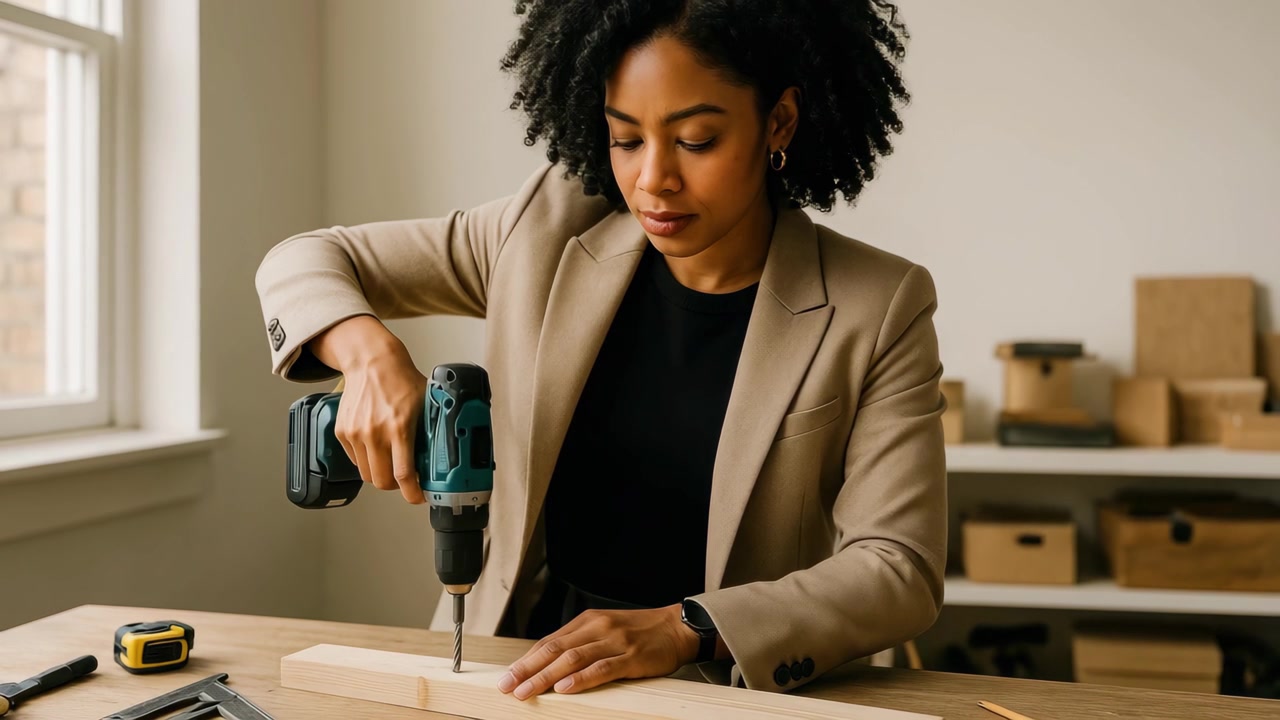 Professional Woman Using Power Drill on Wood in Workshop