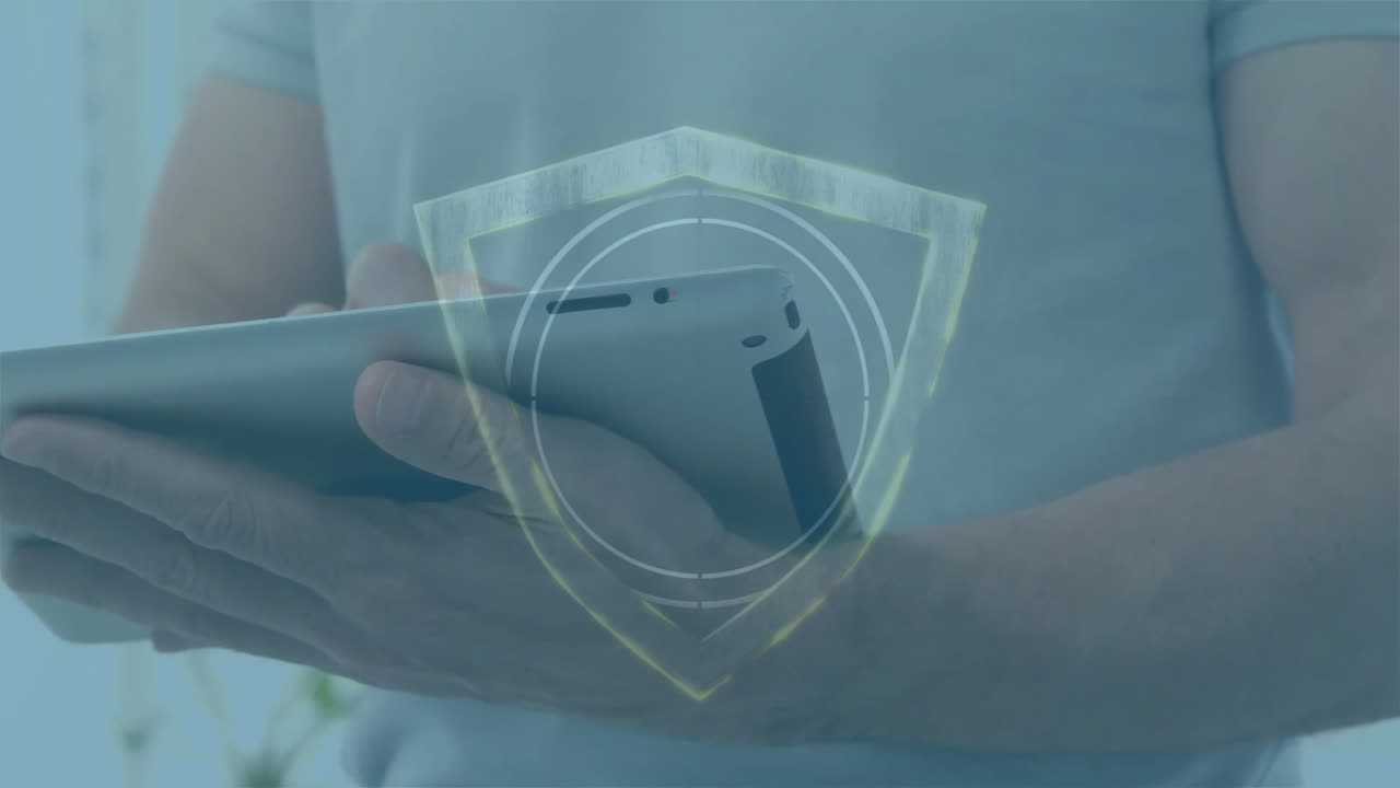 Holding smartphone, person viewing digital security shield animation on screen