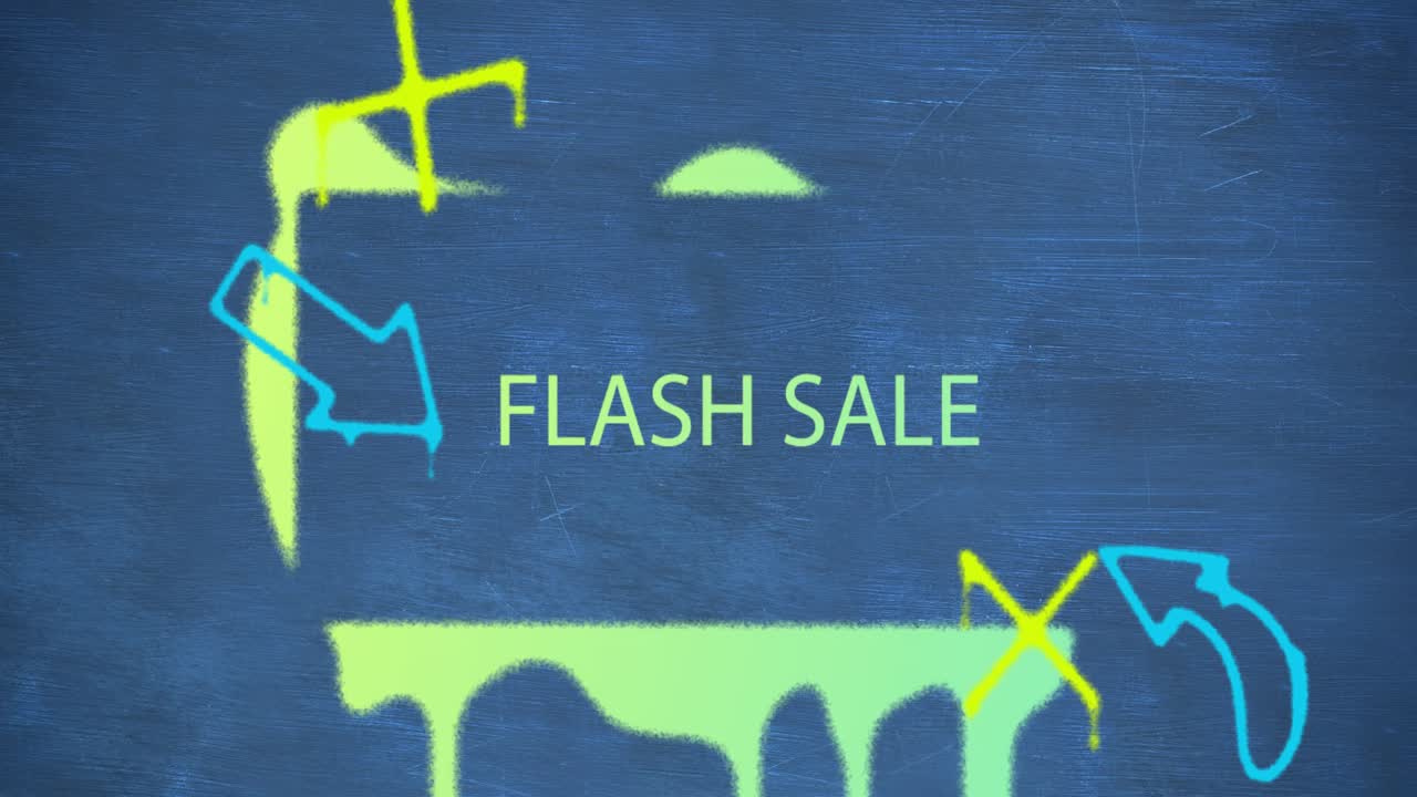 Animazione del testo "flash sale" e di un motivo su sfondo blu.