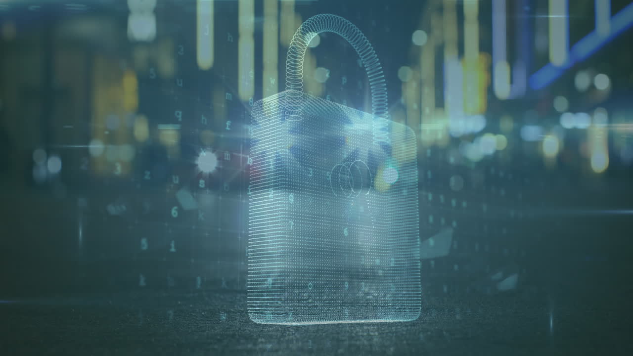 Animation of online security padlock over cyber attack warning and cityscape