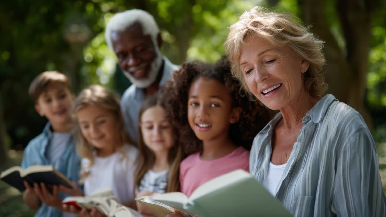 Gruppo eterogeneo di bambini che leggono all'aperto con i nonni