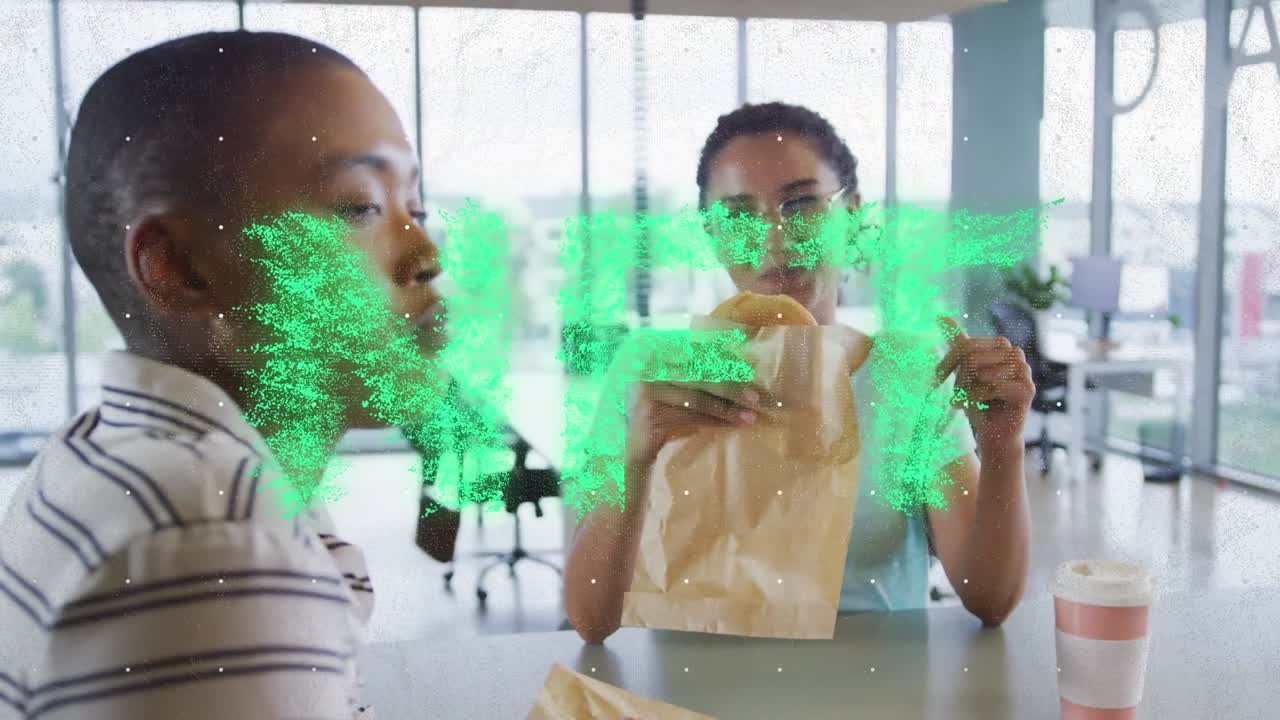 Animation of nft text over diverse business people eating