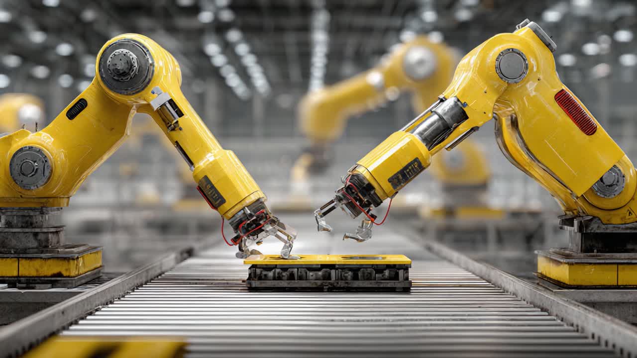 Automated Manufacturing: Two Yellow Industrial Robots Collaborating on a Production Line During an Advanced Automation Process