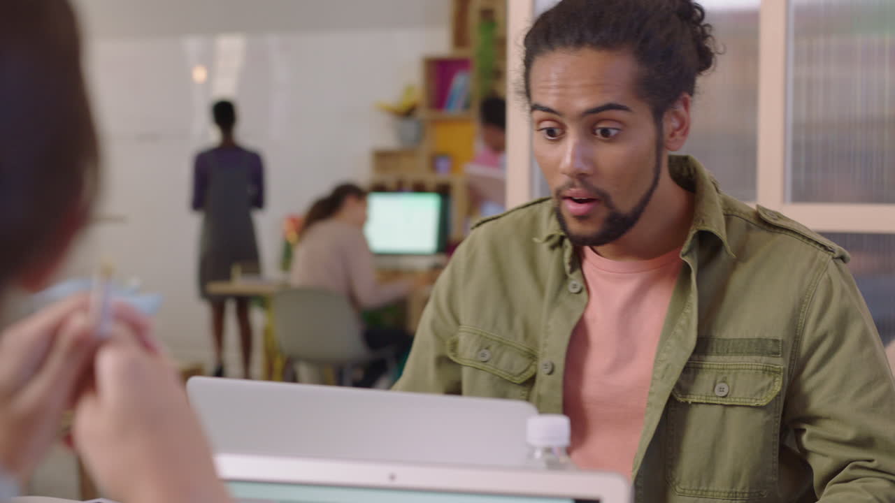 young business people meeting client sharing creative ideas enjoying conversation discussing startup company development strategy happy entrepreneurs high five in successful job interview