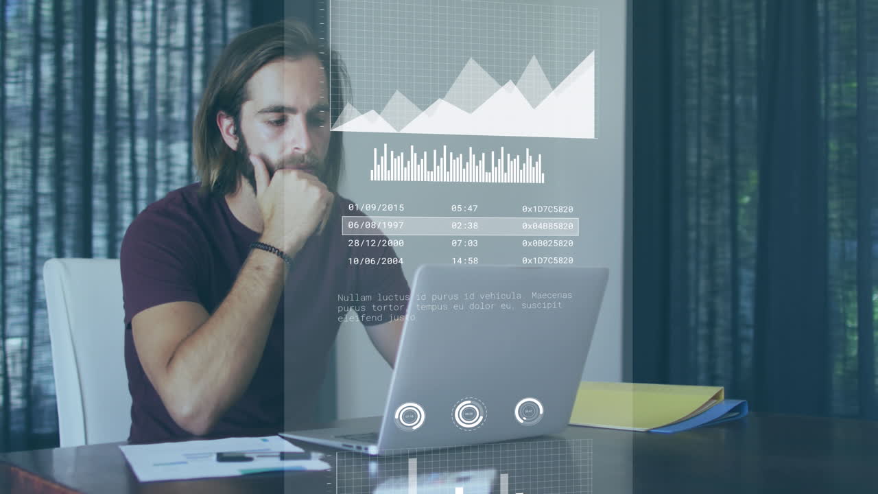 animación de gráficos, cargando círculos y barras, hombre caucásico pensativo trabajando en una computadora portátil