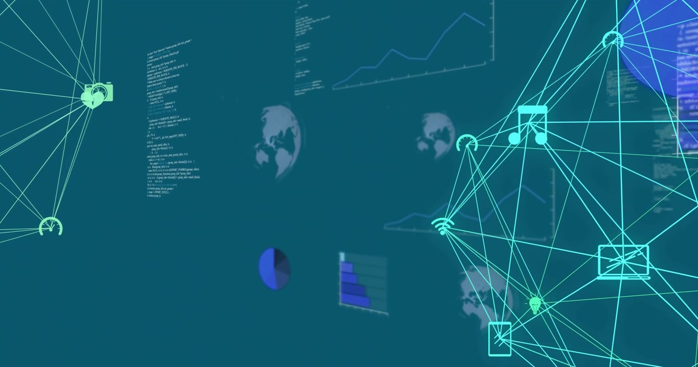 Data network and analytics animation over world maps and graphs