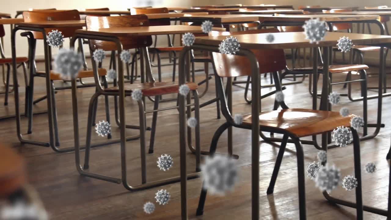 빈 교실 위에서 코로나바이러스 세포의 애니메이션