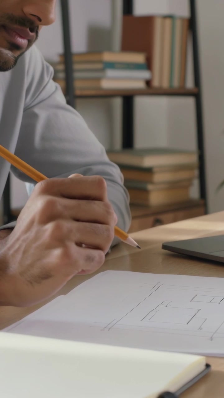 Video verticale: Uomo in camicia grigia che studia un foglio e progetta un piano alla scrivania con matita gialla, laptop.