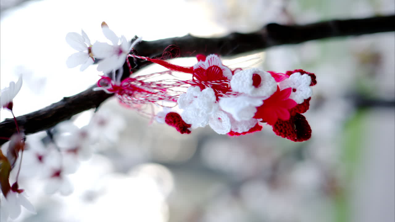 A martisor hanging on a tree branch with blooming flowers. Verical