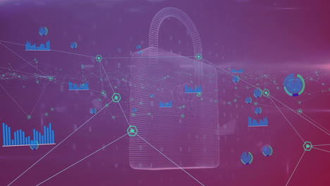 Animation-of-padlock,-icons-and-data-processing-over-network-of-connections