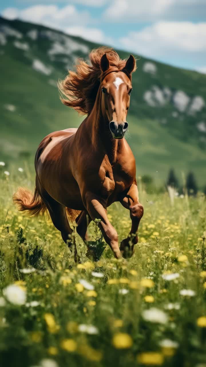 A majestic horse in a vibrant meadow, captured from a low angle. The scene evokes a cinematic video