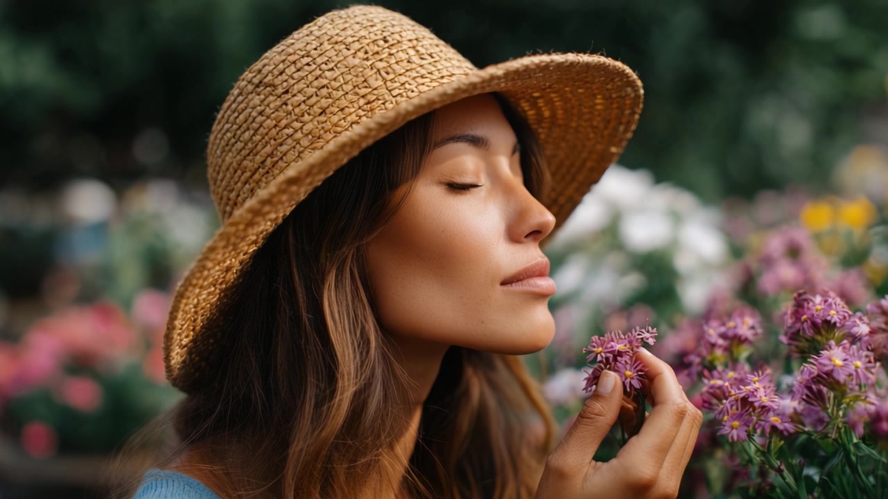 Una donna con un cappello di paglia che annusa fiori colorati con un'espressione serena, immortalata in un bellissimo ambiente da giardino, enfatizzando la tranquillità e la bellezza della natura.