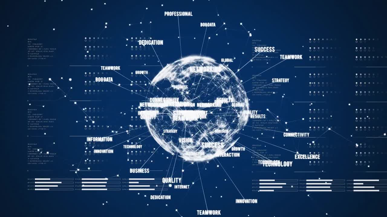 Animation of globe of network of connections with business text and data processing