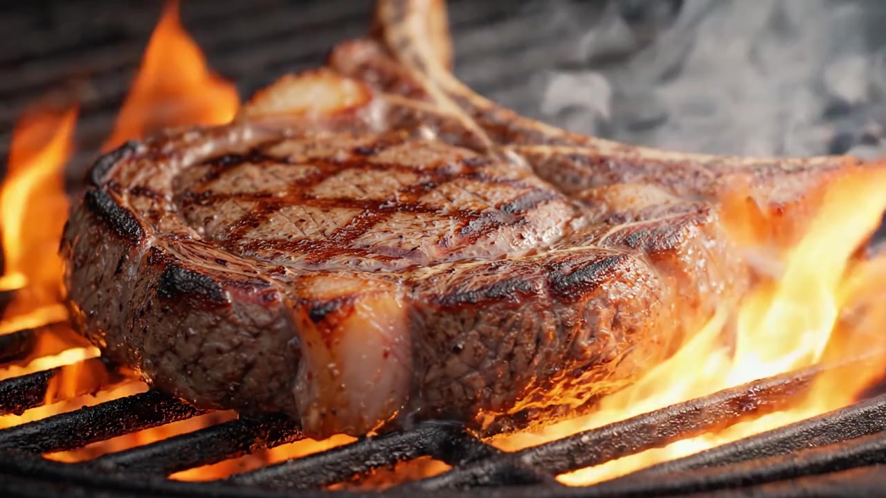 Brutzelnde Perfektion: Die Kunst, ein saftiges Tomahawk-Steak über Flammen zu grillen für das ultimative Geschmackserlebnis.