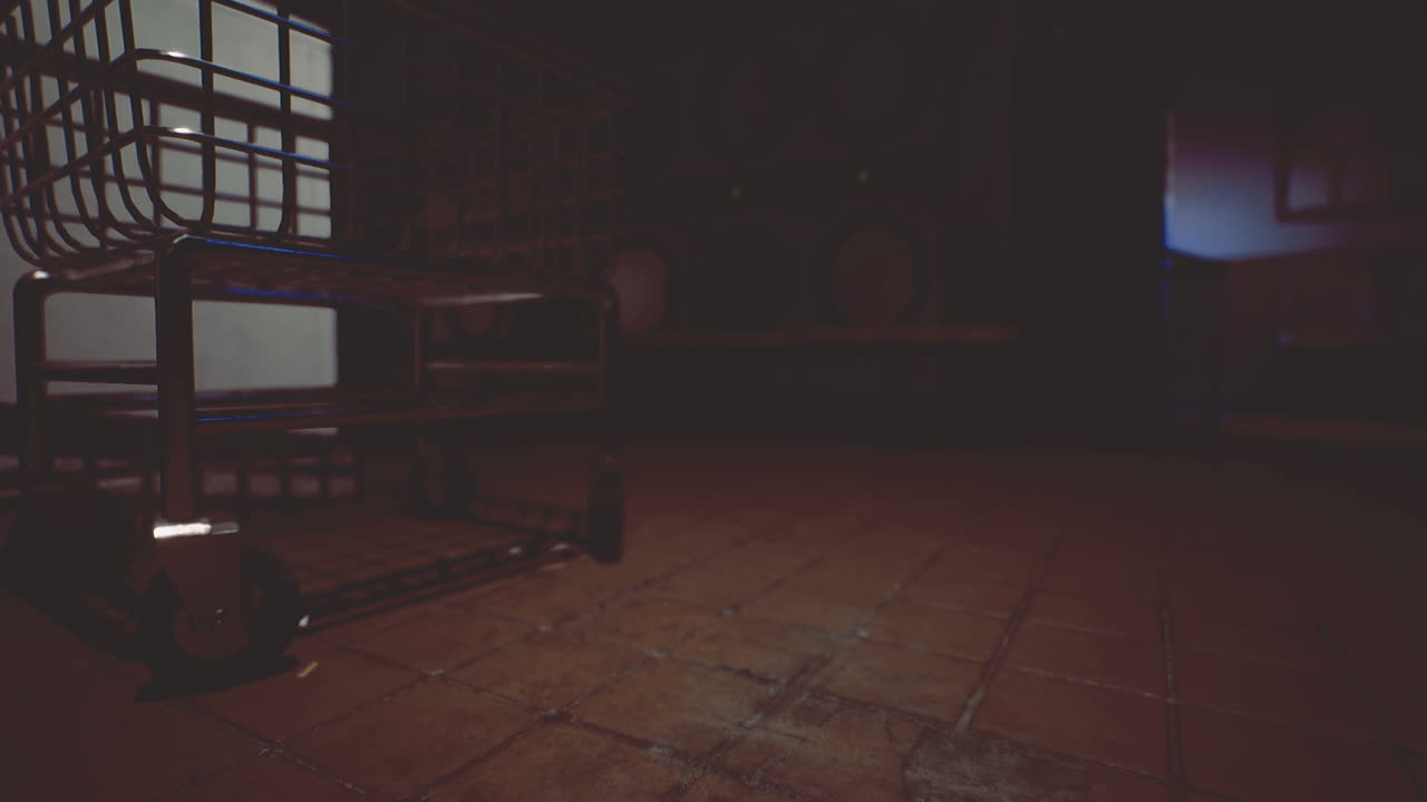 Empty room with dim lighting and a metal cart at night