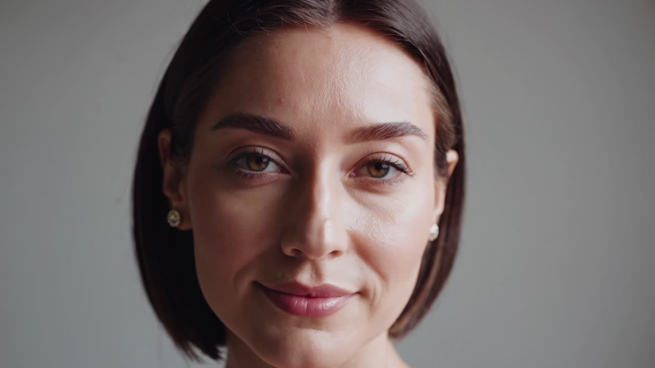 Close-up video still of a woman with a neutral expression, shot from a straight-on angle