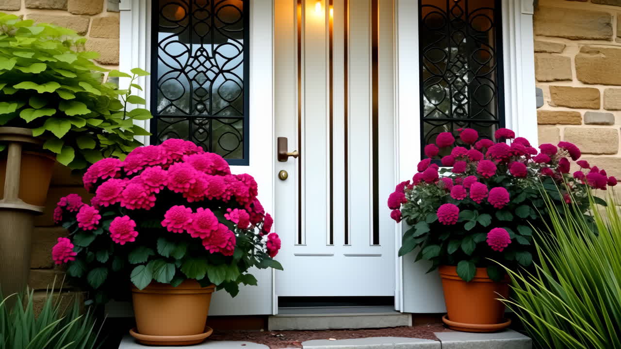 Front Door Decorated with Potted Pink Flowers and Green Plants