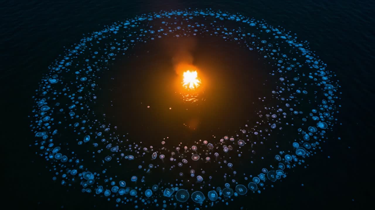 A Stunning Aerial View of a Fiery Flame Surrounded by a Mesmerizing Circle of Bioluminescent Jellyfish Illuminating the Dark Waters Below