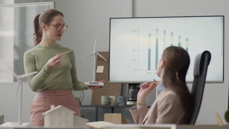 geschäftsfrau erklärt windturbinenmodell und zeigt datendiagramm während eines meetings im büro 2