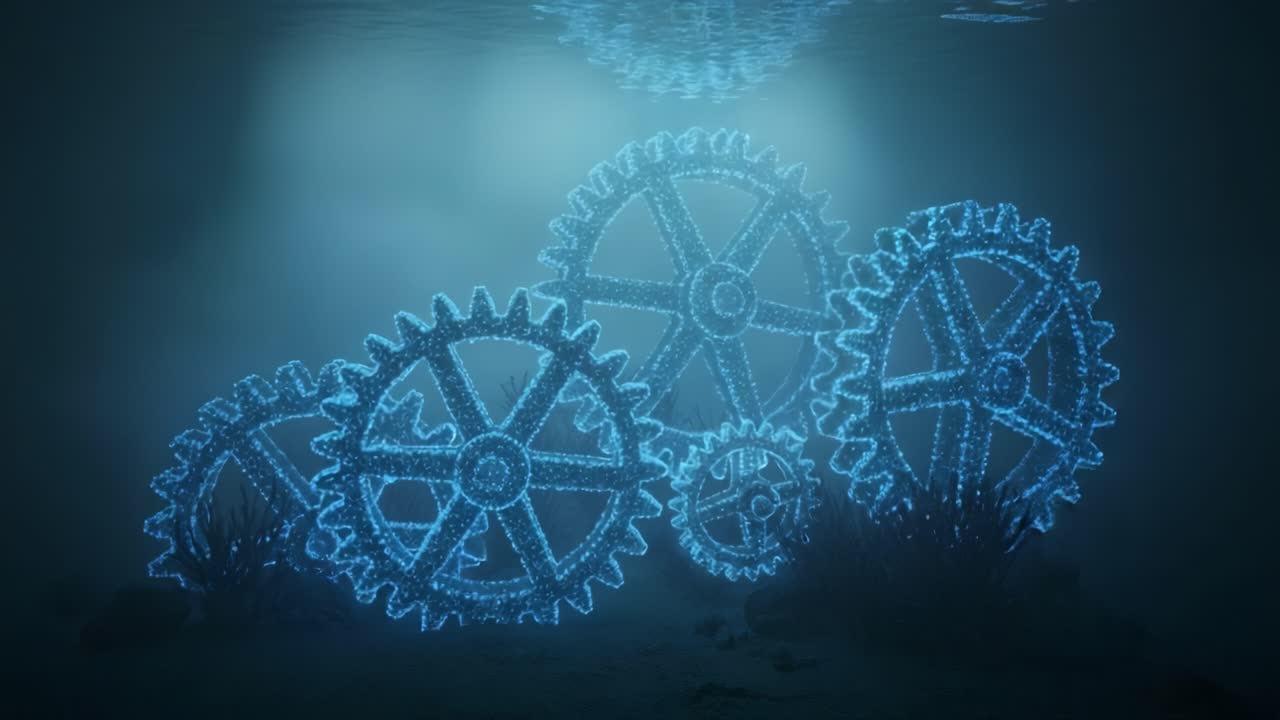 A Mystical Underwater World: Illuminated Gears Surrounded by Ethereal Water Plants and Shadows in a Dreamlike Submerged Environment