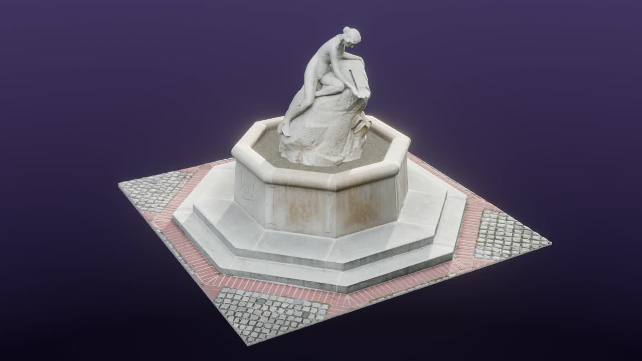Fountain with a mermaid holding a shell and leaning on a boulder, cg, camera orbits