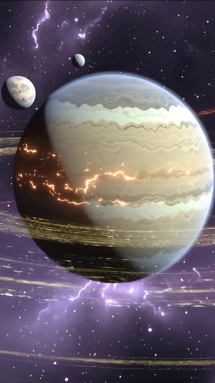 Video verticale: La telecamera si allontana mostrando un mondo anellato nello spazio, con anelli dorati, fulmini viola e lune.