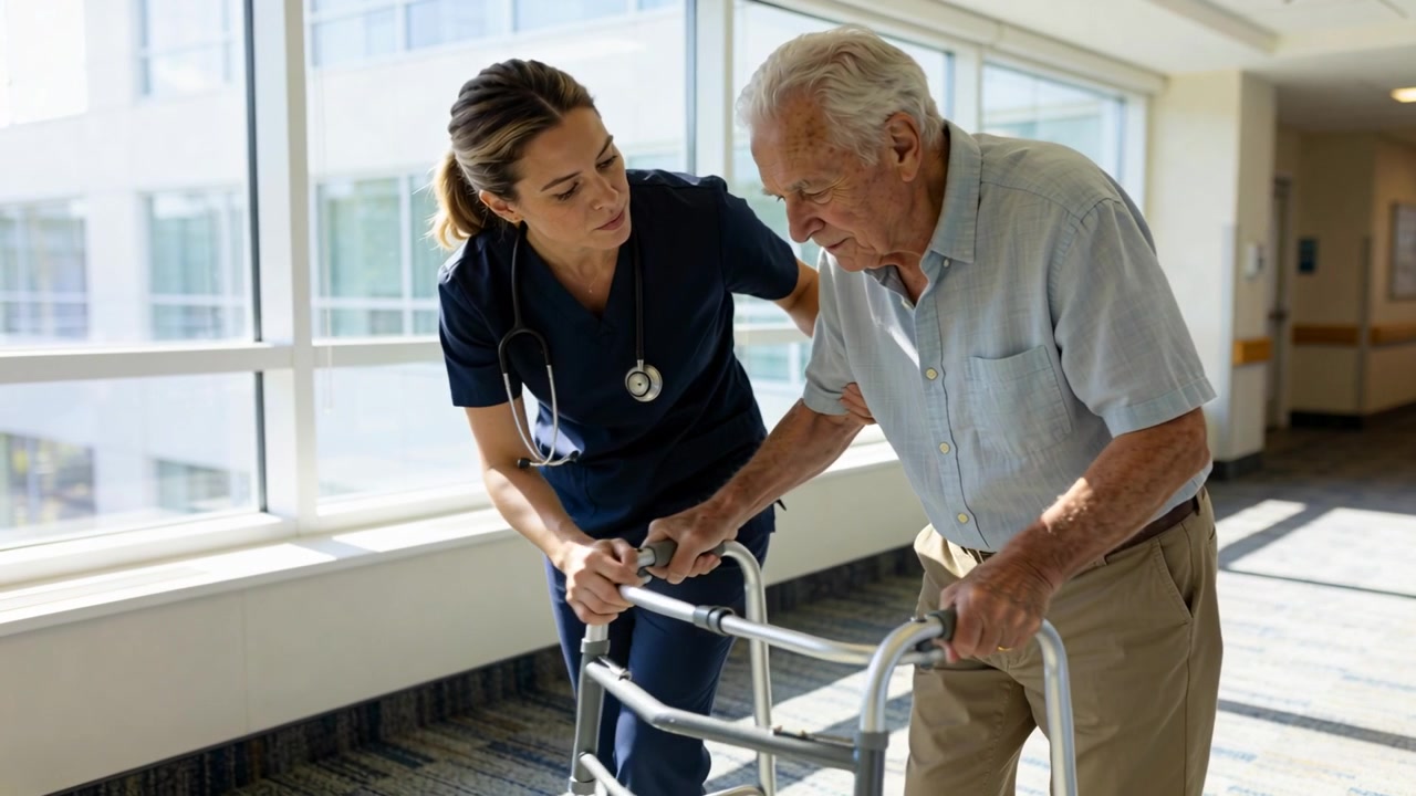 Un assistente in divisa blu scuro guida un uomo anziano lungo il corridoio, con la mano sul deambulatore, aiutandolo a mantenere l'equilibrio.